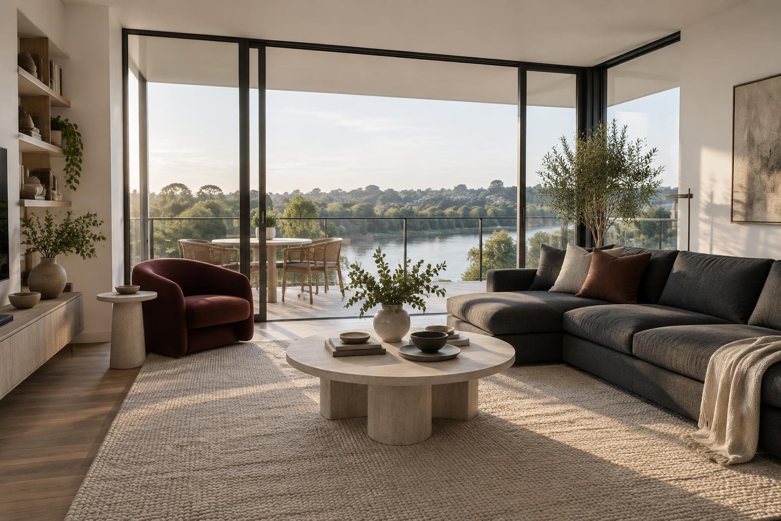 Illustrative apartment living room with river views